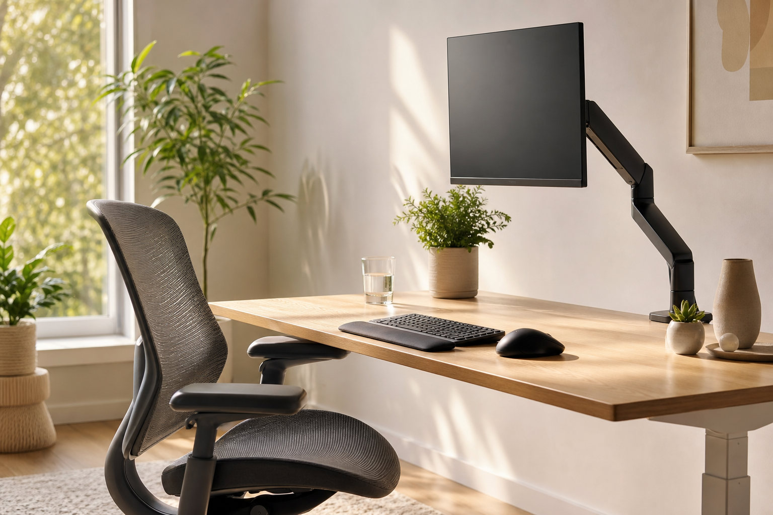 Healthy ergonomic home office with wrist-friendly setup and bright lighting