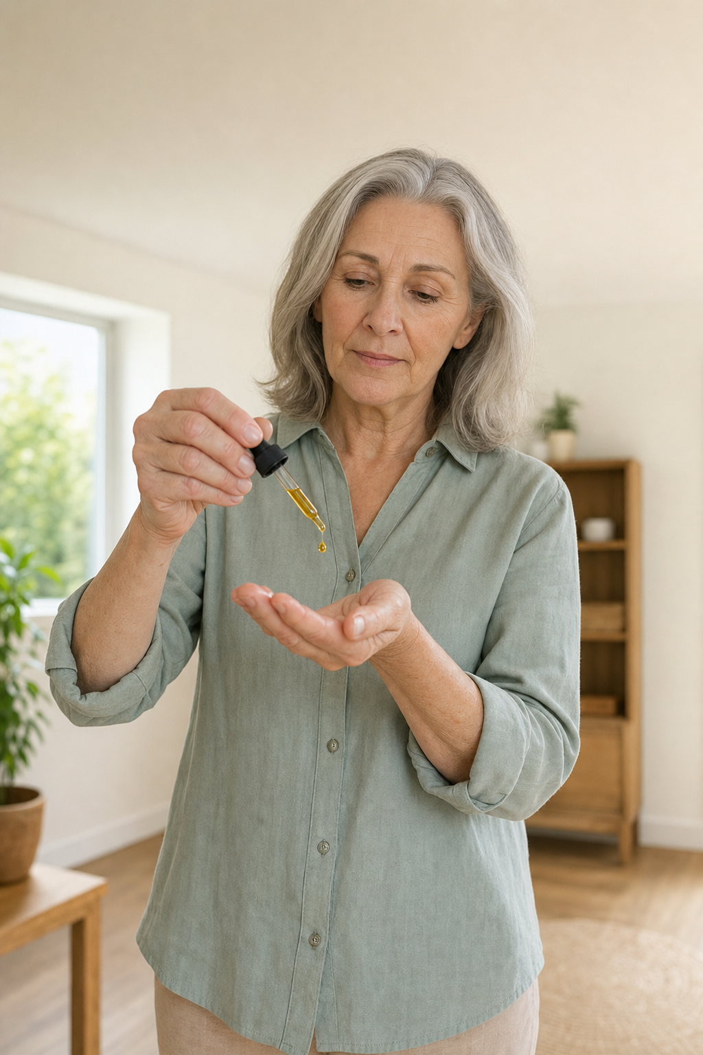 Mature hands using CBD oil dropper for arthritis relief