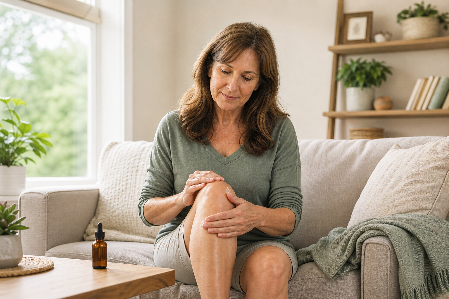 Woman applying CBD oil to knee for joint pain at home