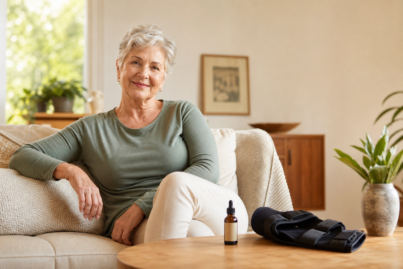 Older adult relaxing with CBD oil and knee brace on coffee table