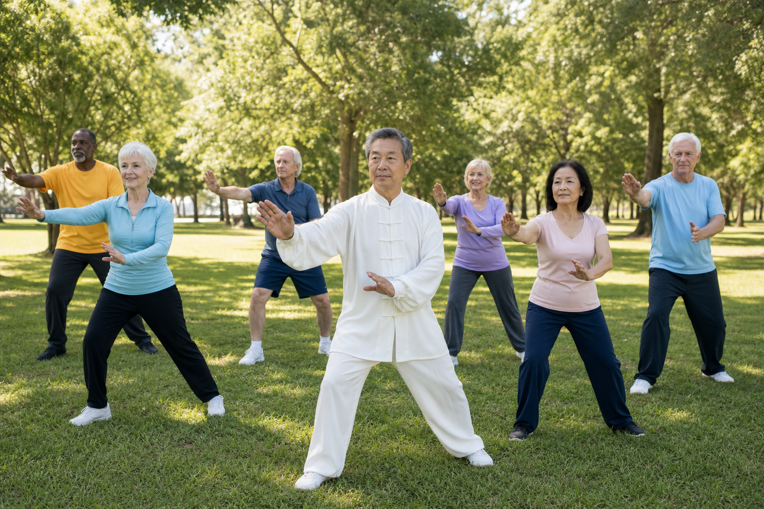 Older adults practicing tai chi outdoors in a park for arthritis and balance