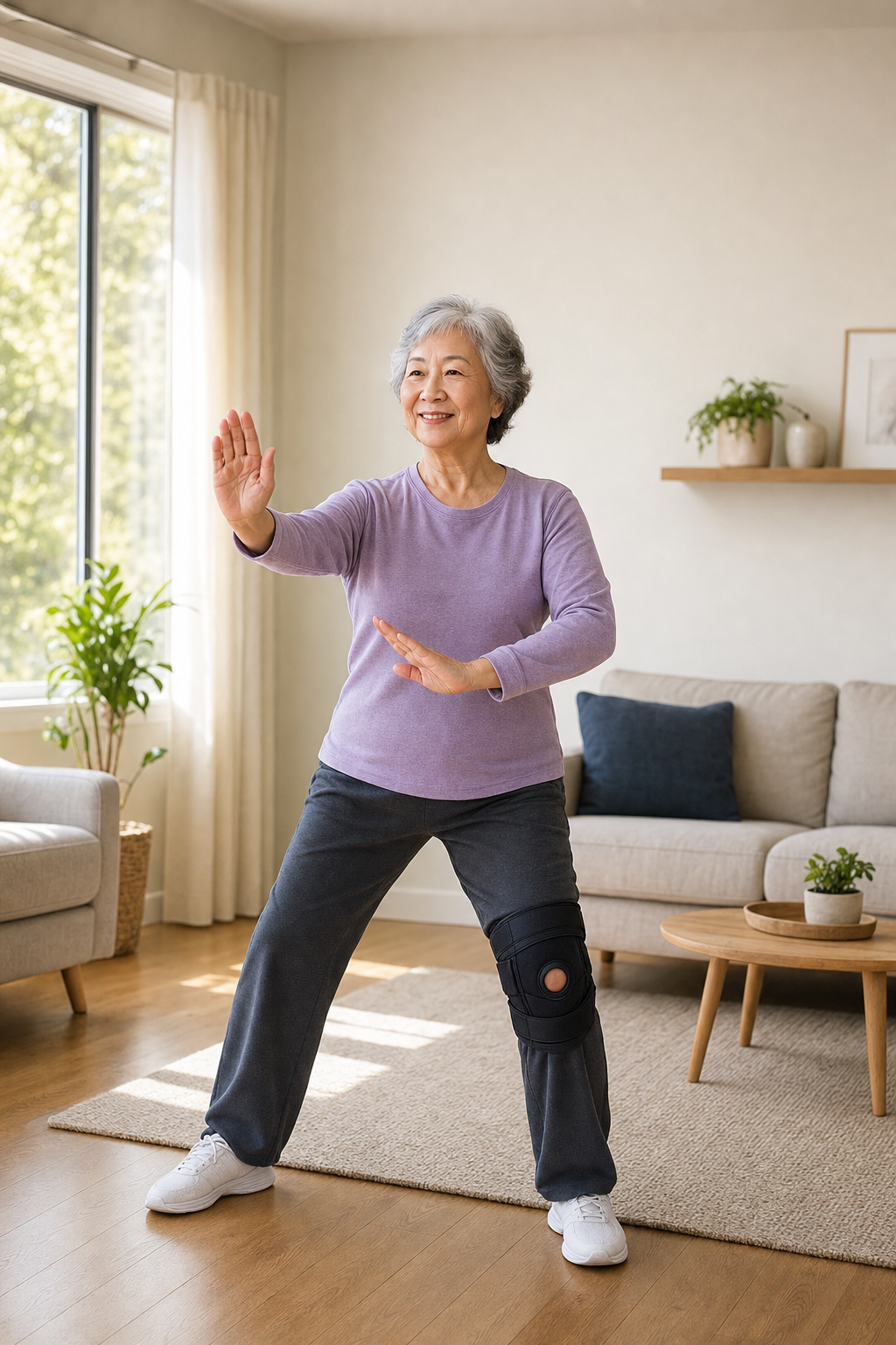 Older woman with knee brace practicing tai chi at home for arthritis relief