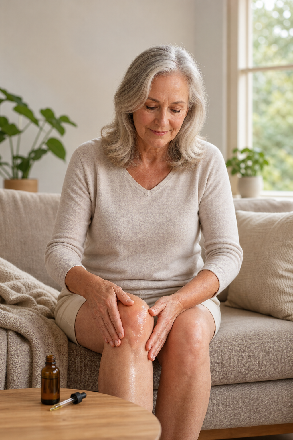 Applying CBD oil to swollen arthritic knee at home with bottle in view