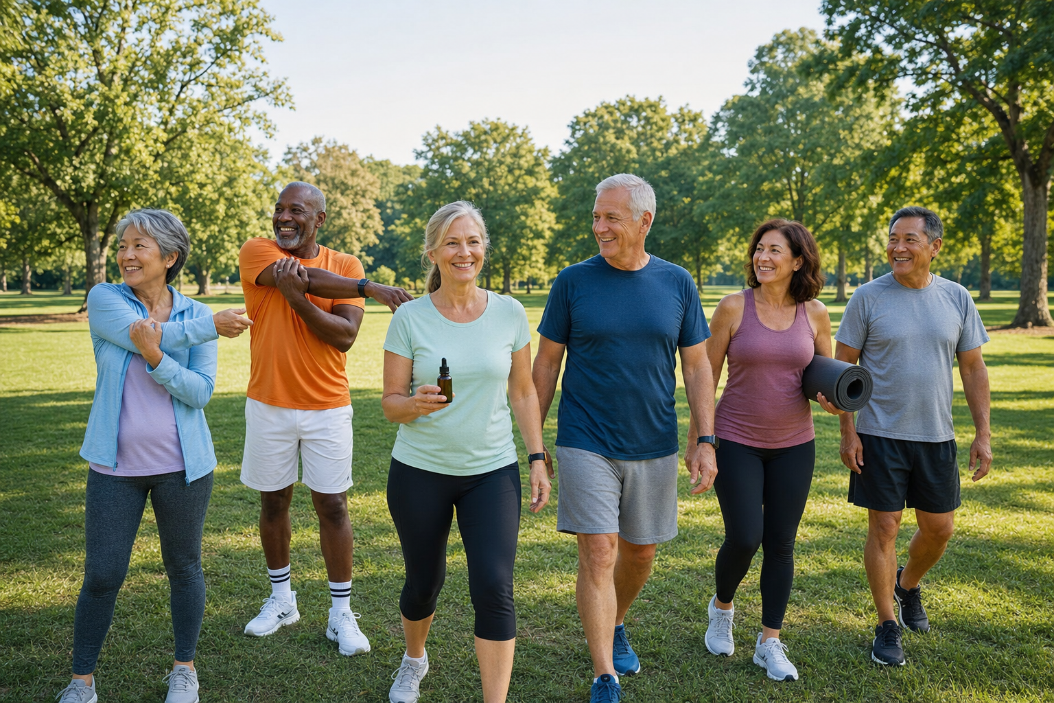 Active adults outdoors with CBD oil for joint pain in the park