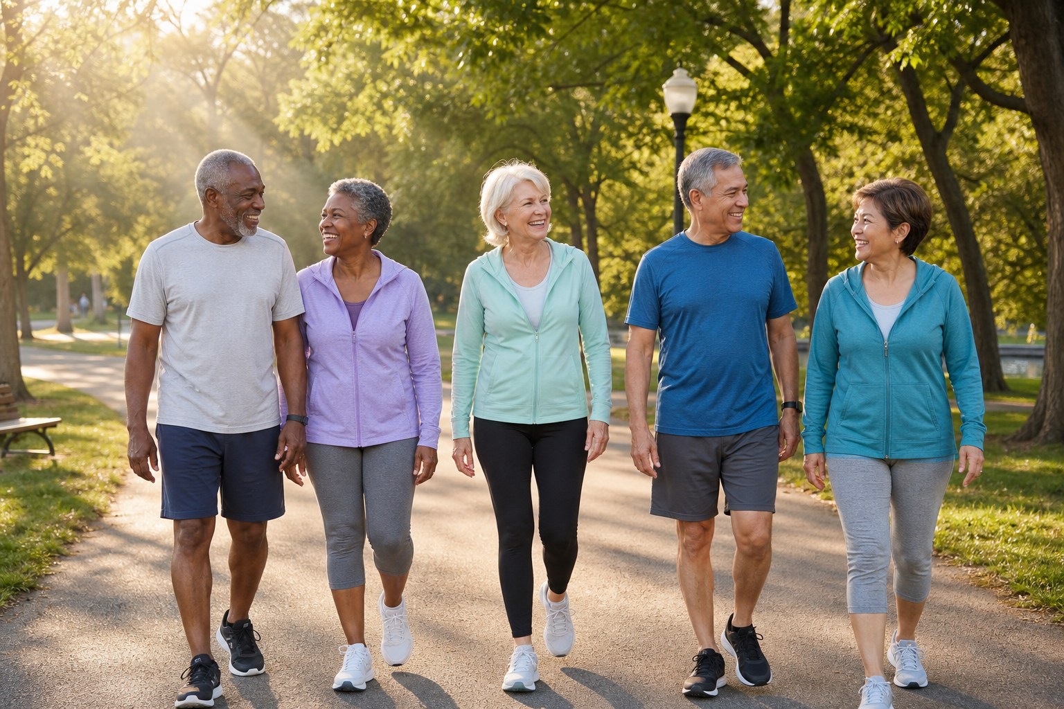 Seniors walking together in a park for joint health