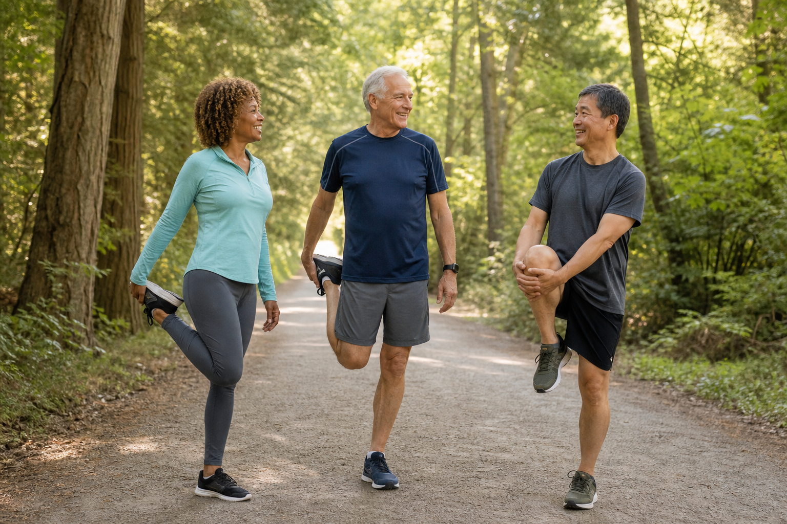 Older adults stretching on walking trail for joint flexibility