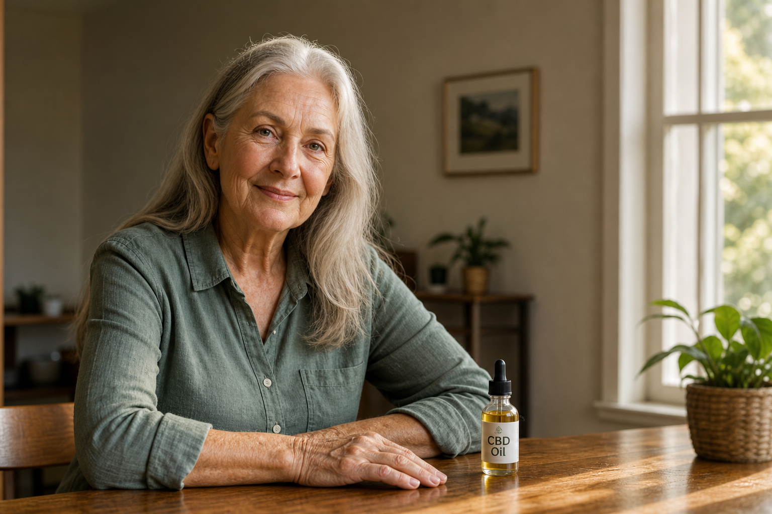 CBD oil dropper bottle next to arthritic hand on wooden table