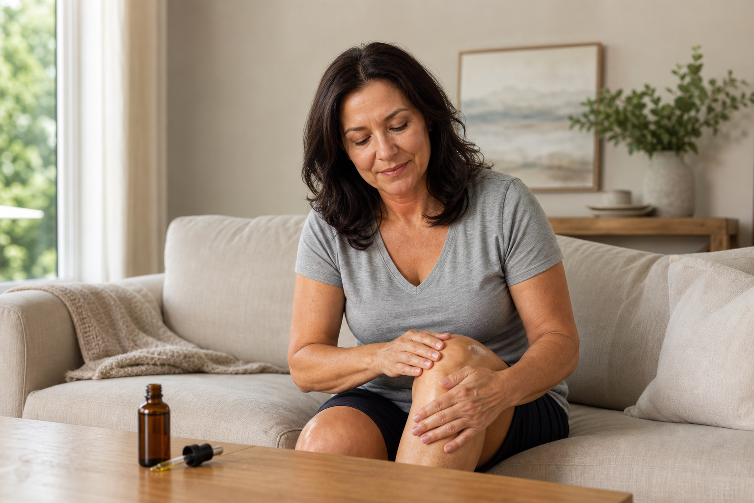 Woman applying CBD oil to knee for joint pain relief