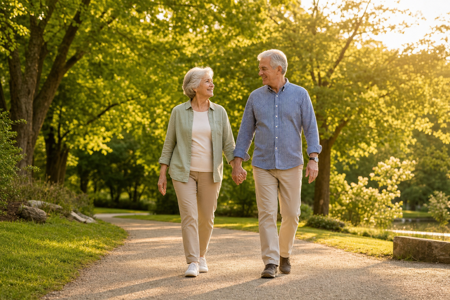 Senior couple walking pain-free in park at sunset