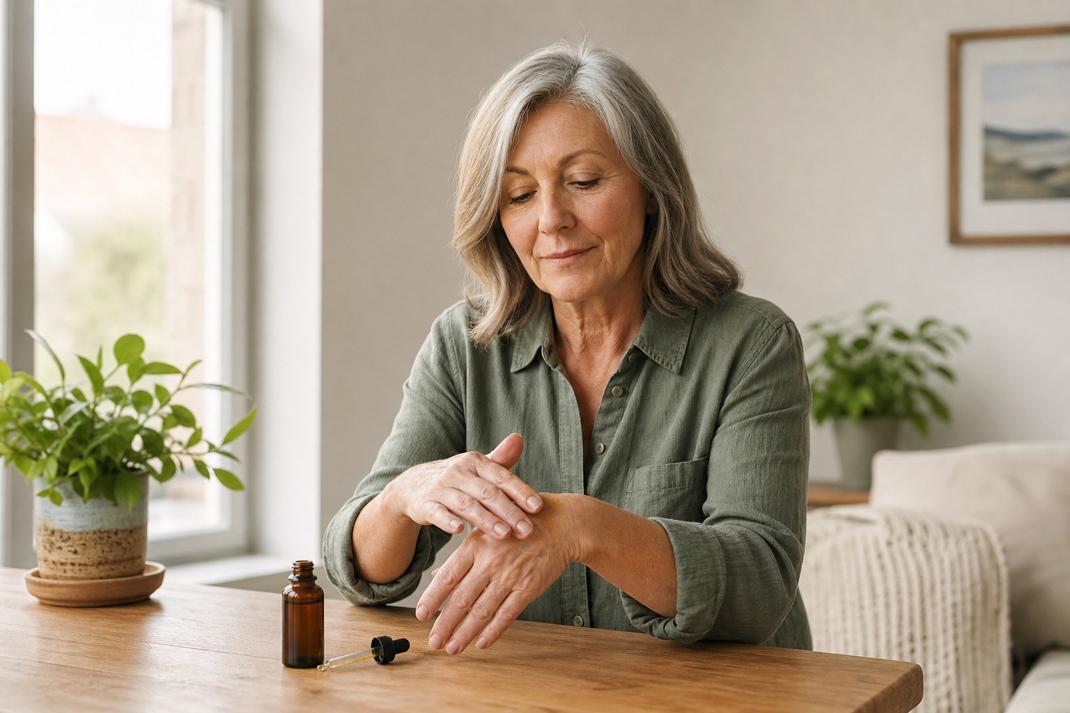 Woman applying CBD oil to sore hands for joint pain relief.