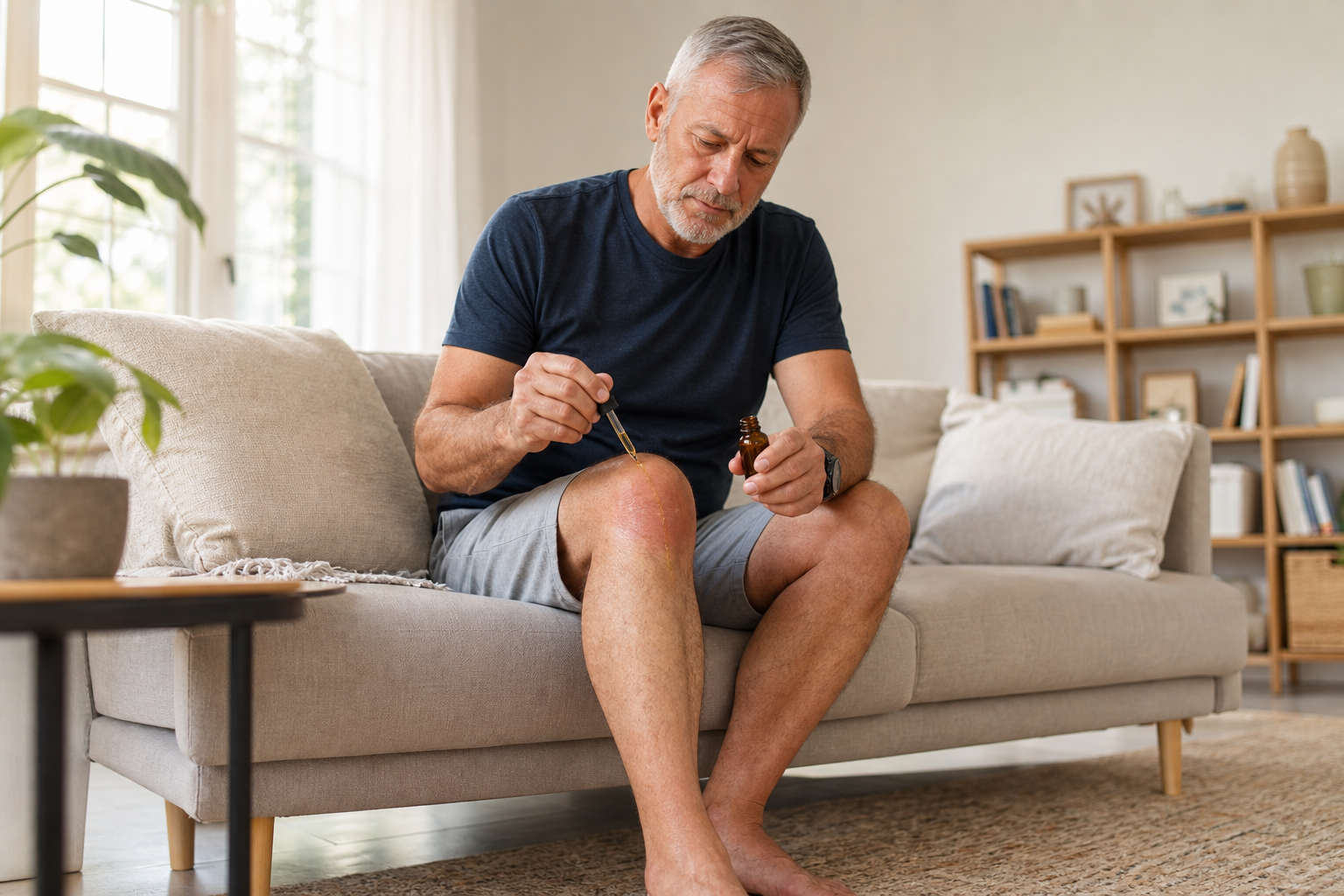 Man applying CBD oil to swollen knee for joint inflammation.