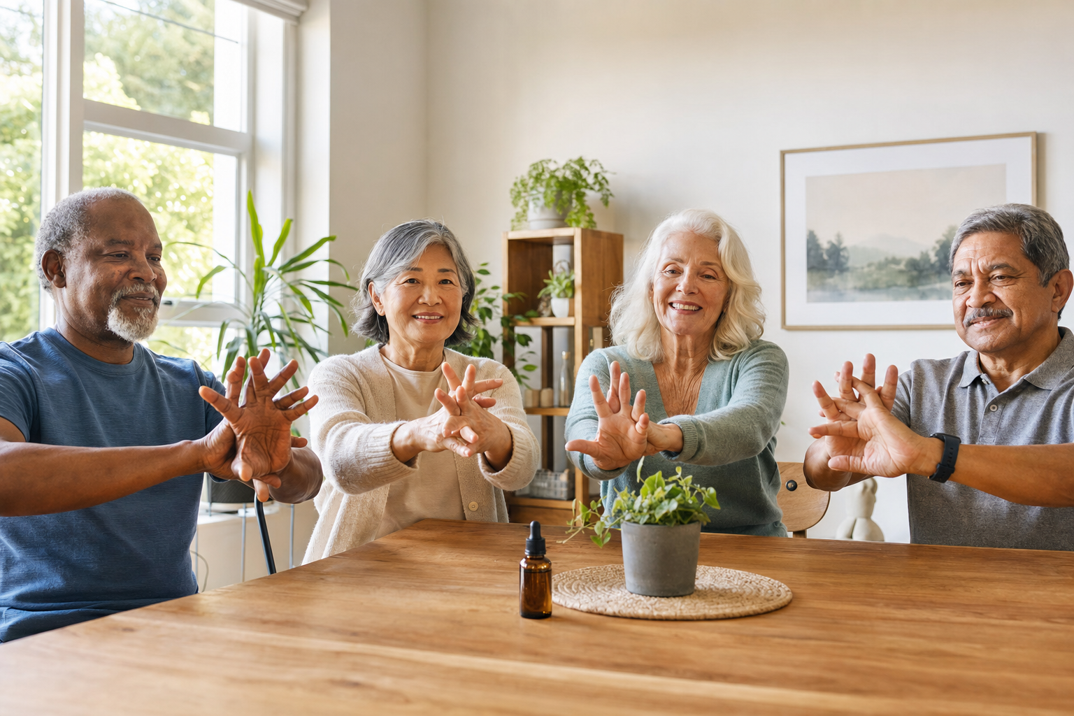 Seniors doing hand exercises with CBD oil bottle on table.
