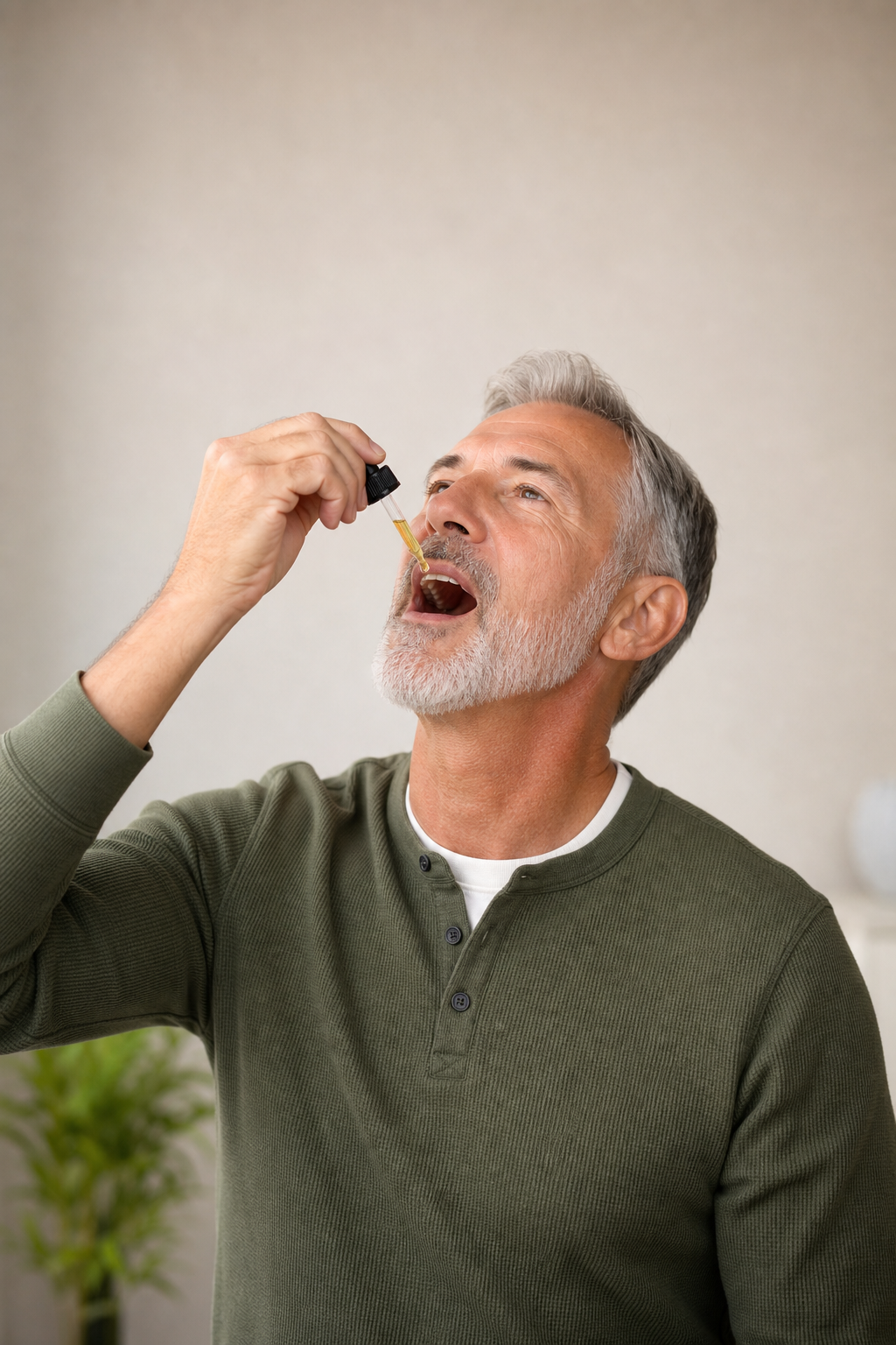 Older man taking CBD oil sublingually for inflammation