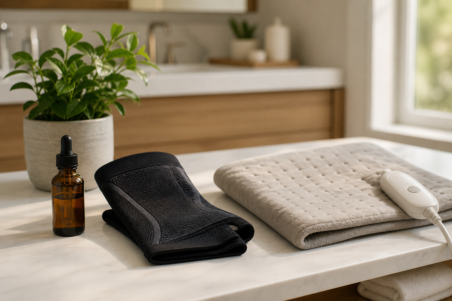 CBD oil, knee sleeve, and heating pad displayed together for joint care