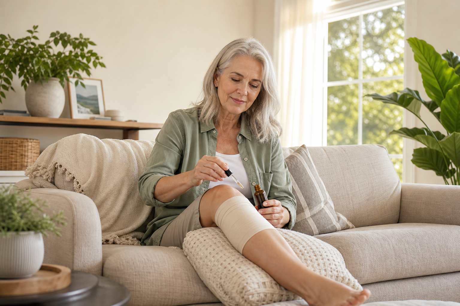 Older adult applying topical CBD oil for knee pain relief at home