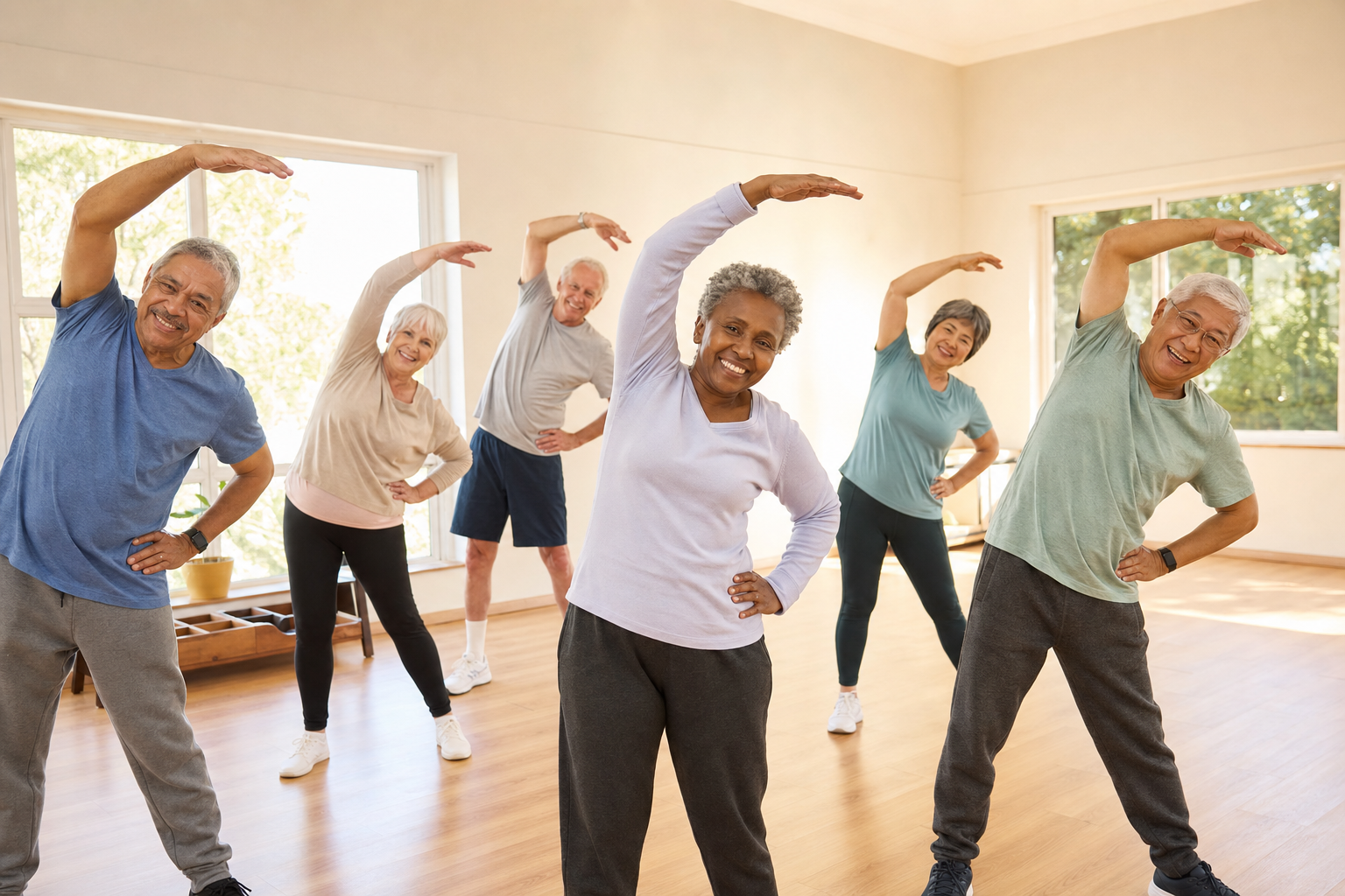 Older adults stretching to support joint health and pain relief
