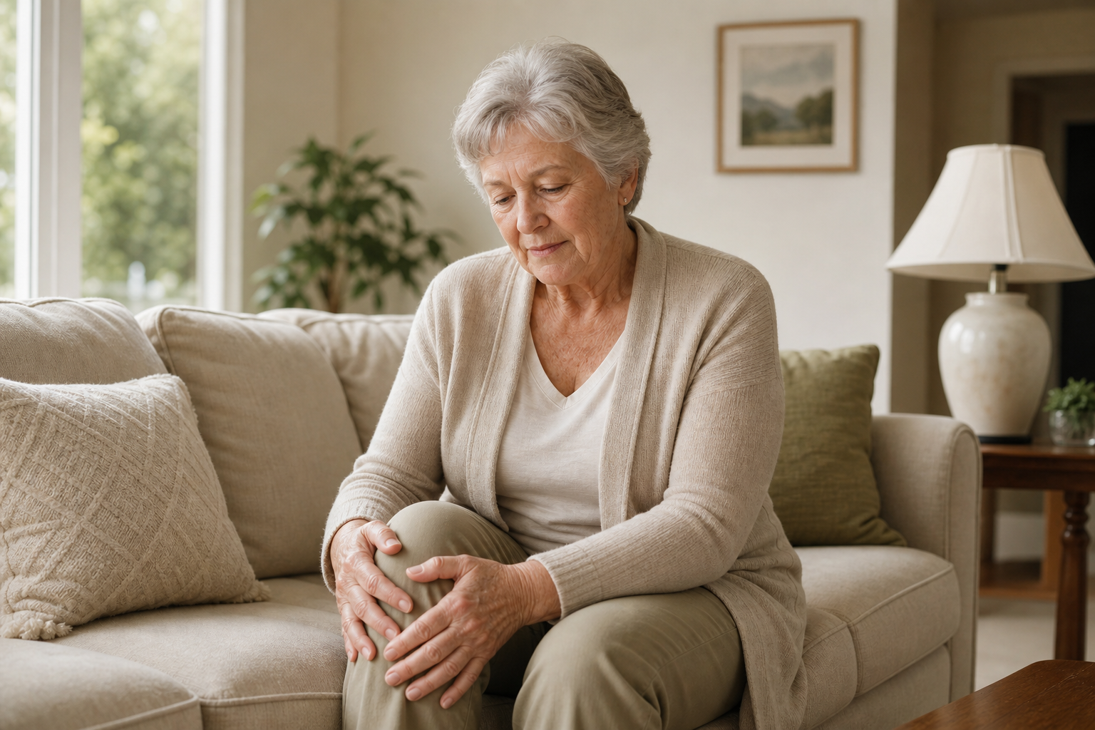 Older adult holding knee in living room, showing knee pain and concern