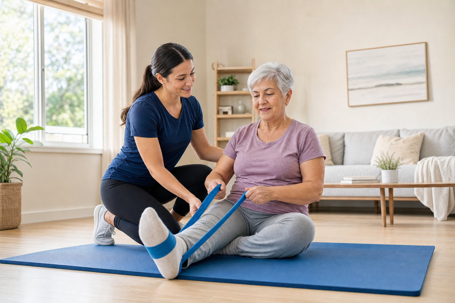 Physical therapist and senior doing knee exercises together at home