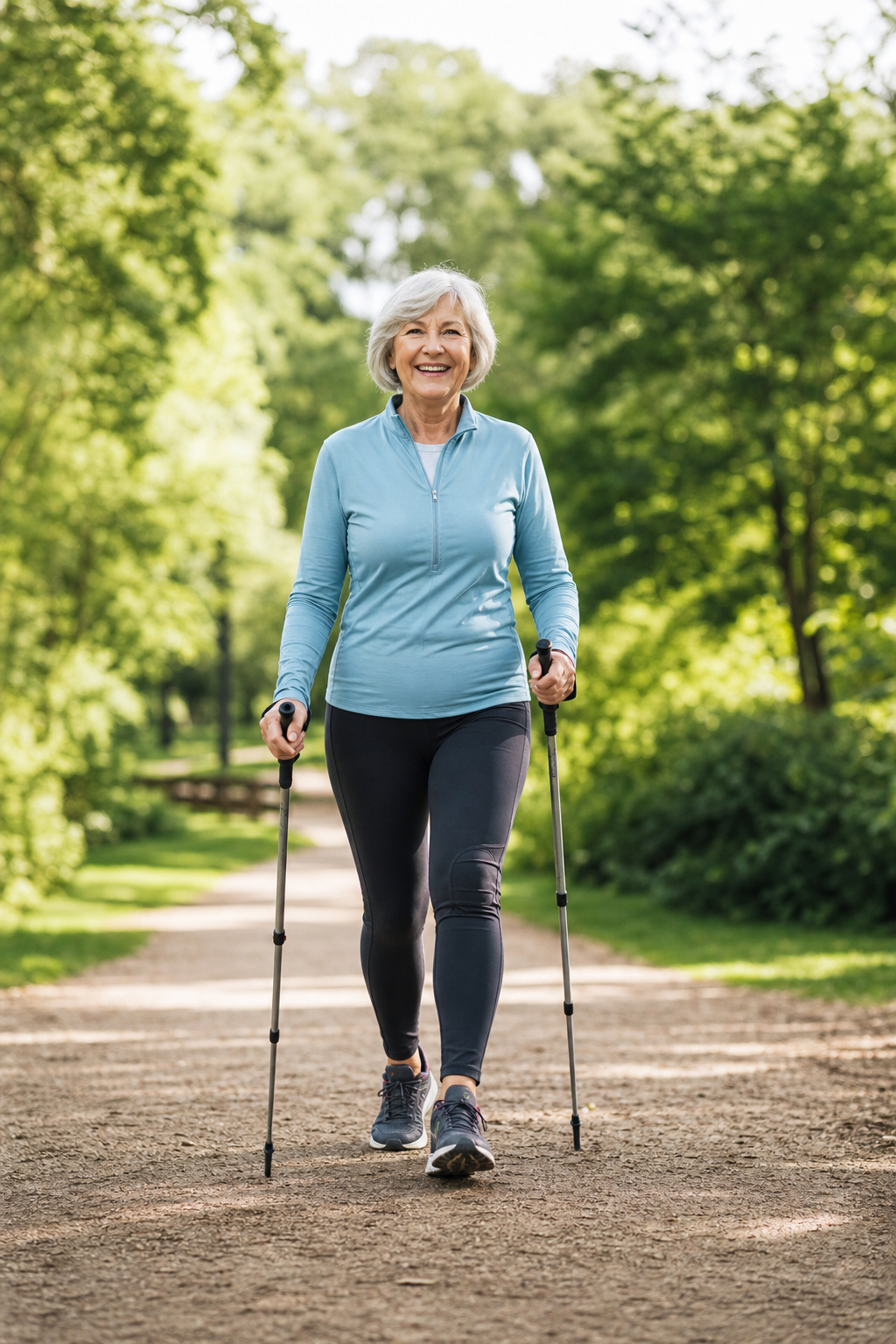 Older adult striding confidently outdoors with trekking poles after knee surgery