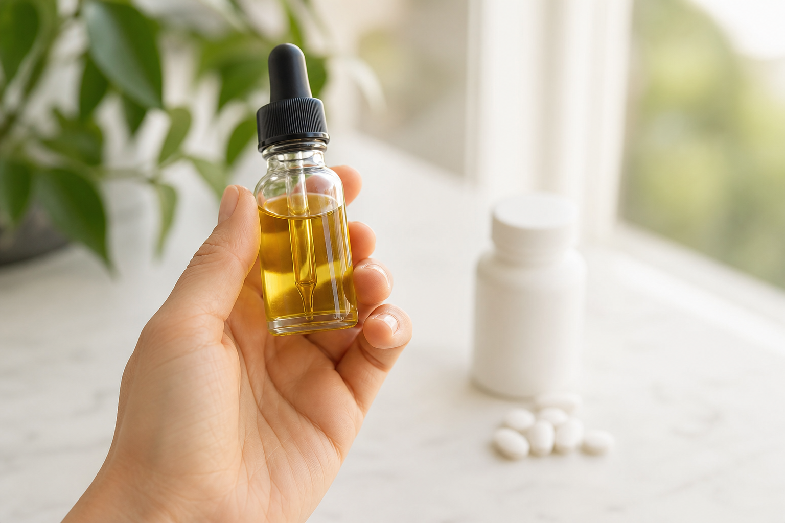 Hand holding CBD oil dropper with arthritis medication in background