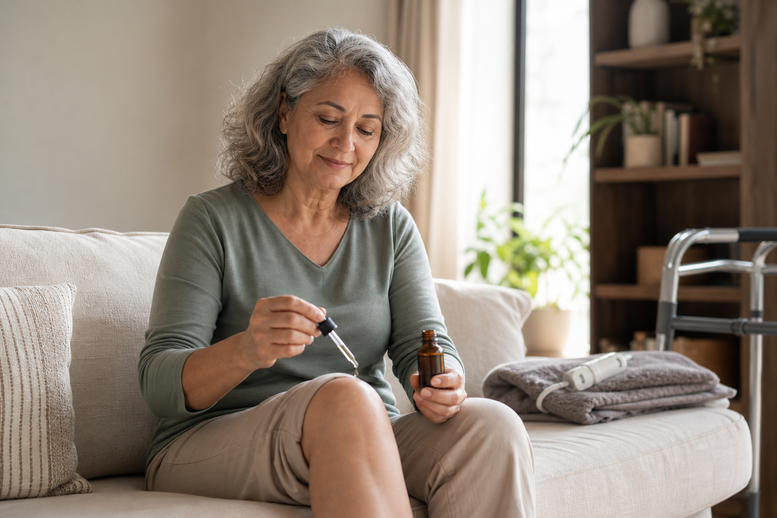 Woman applying CBD oil to knee with mobility aids nearby