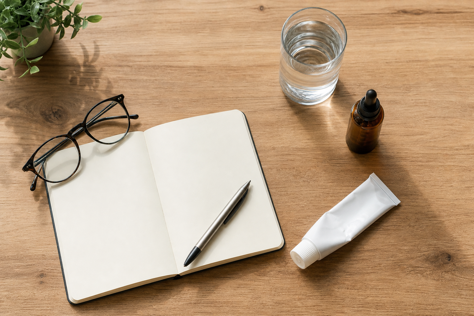 CBD oil, Voltaren Gel, notebook, and water on morning-lit kitchen table