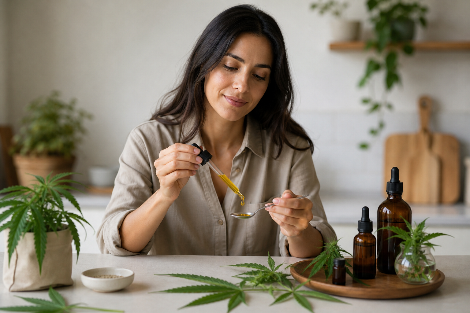 CBD oil dropper with hemp leaves and glass bottles on counter