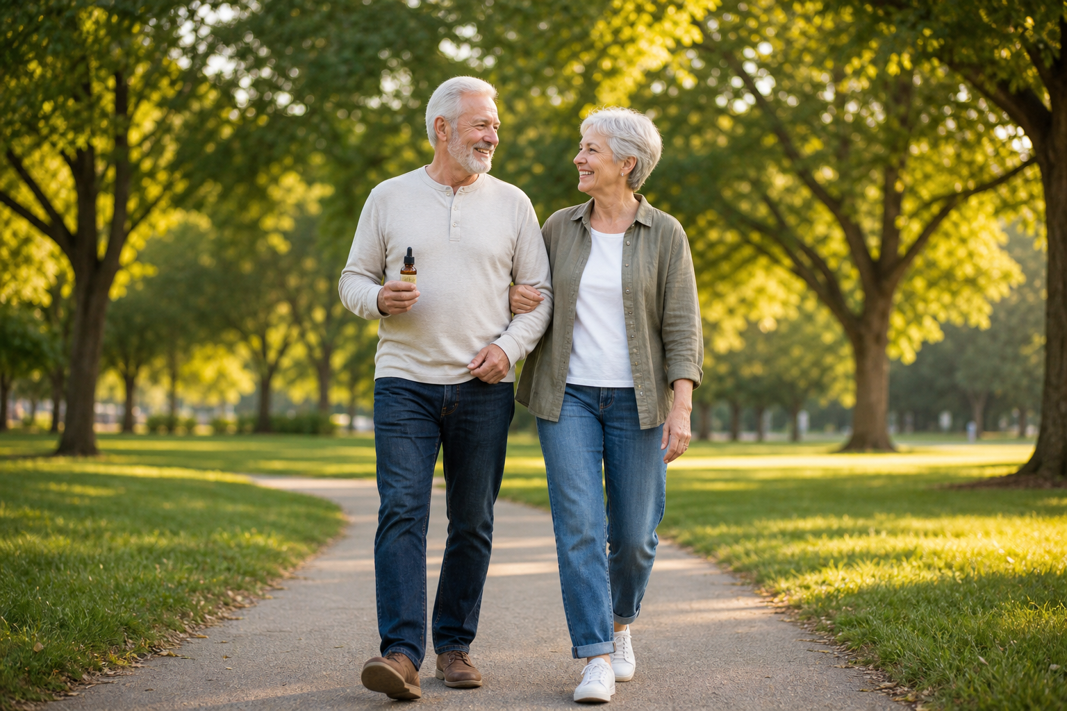 Older couple walking outdoors, holding CBD oil bottle, appearing active and healthy