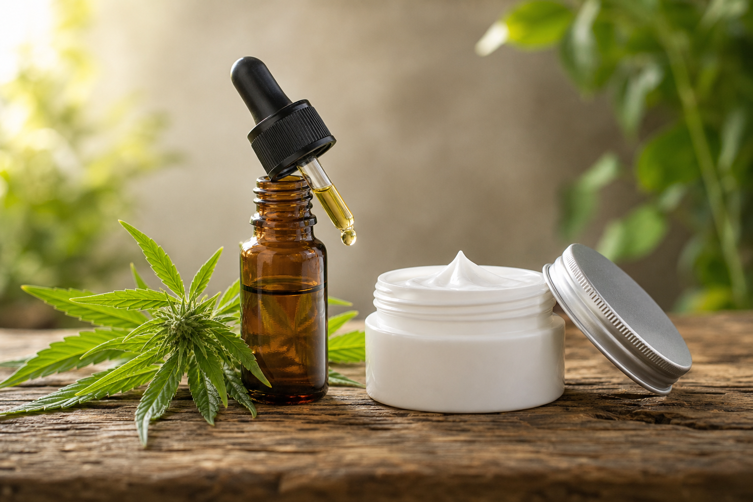 CBD oil dropper and joint pain cream on table