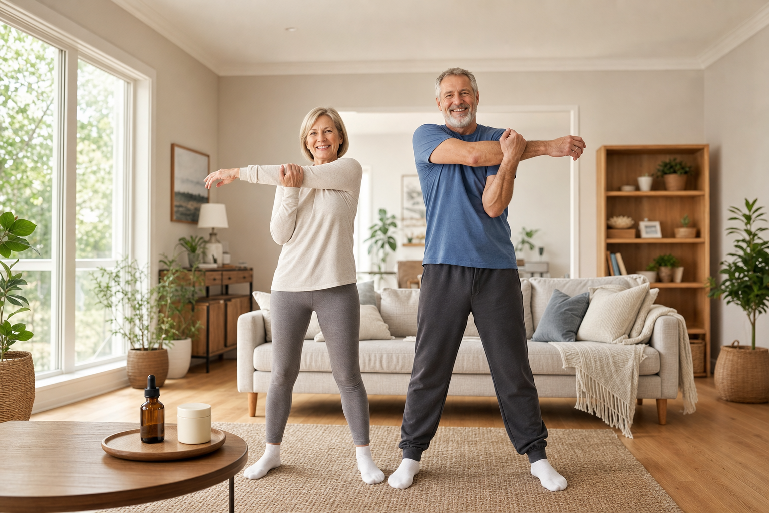 Older couple stretching with joint pain relief products in living room