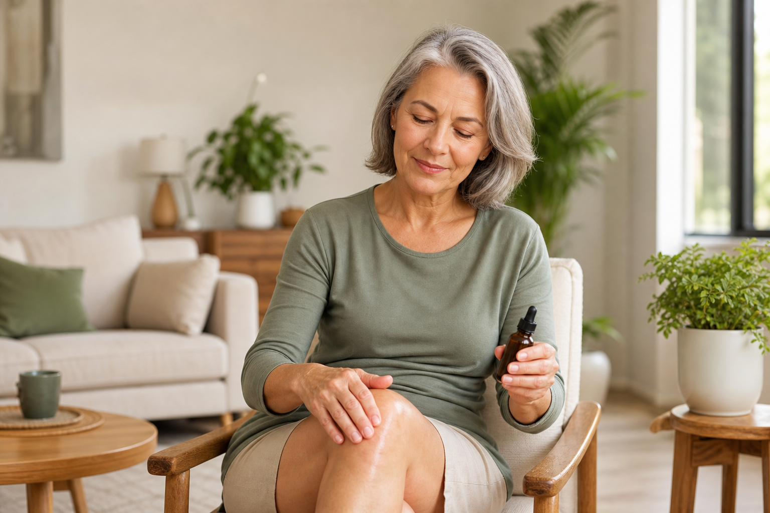 Older adult applying CBD oil to knee pain in a sunlit living room
