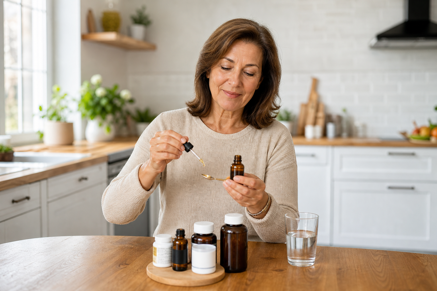 Woman uses CBD oil and supplements for joint pain at kitchen table