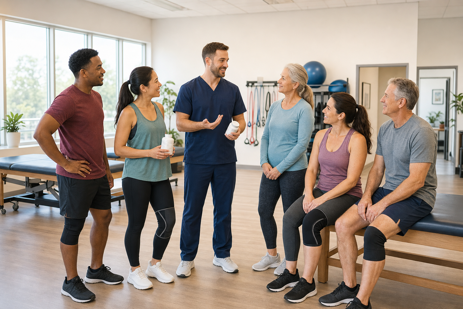 Group in PT studio with sleeves, supplements, and therapist discussing joint care