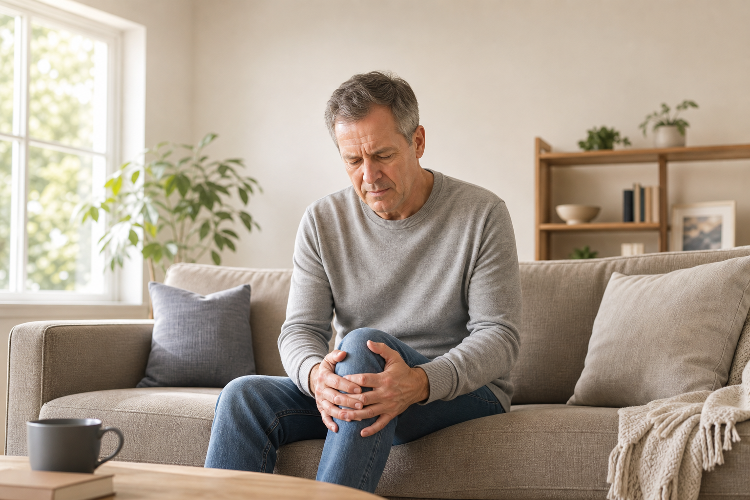 Adult seated on couch, gently holding knee, worried about early knee osteoarthritis
