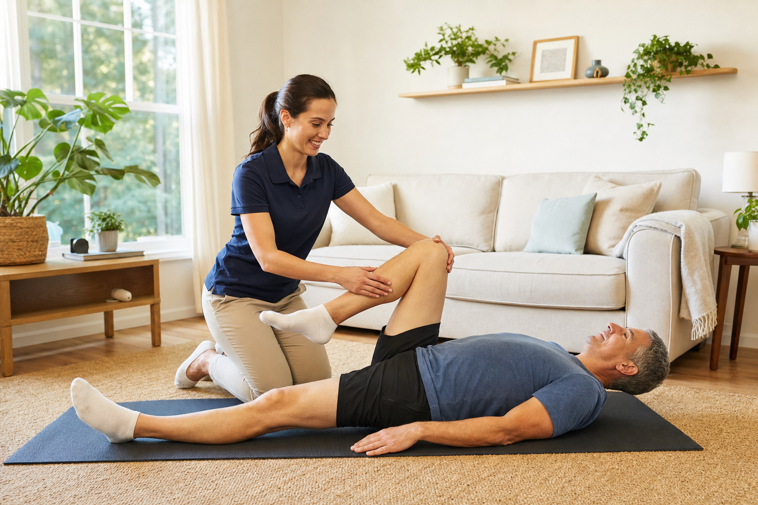 Physical therapist showing knee exercises to adult on yoga mat