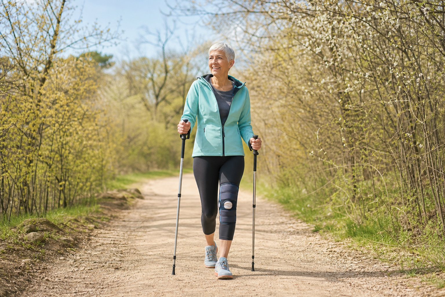 Older adult walking outside with trekking poles, knee brace visible, enjoying activity