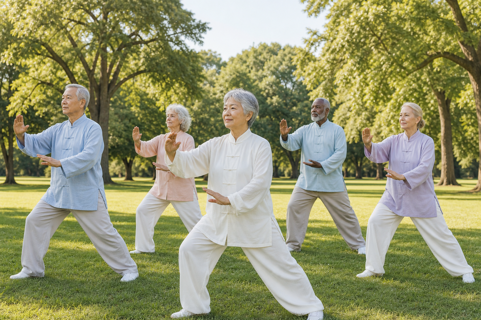 Older adults practicing tai chi for arthritis and balance in a park.