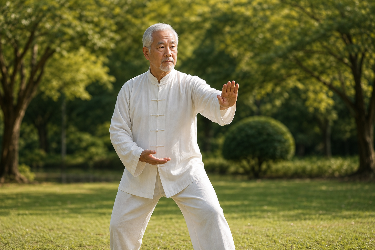 Close-up of senior man's hands and knees in tai chi pose.