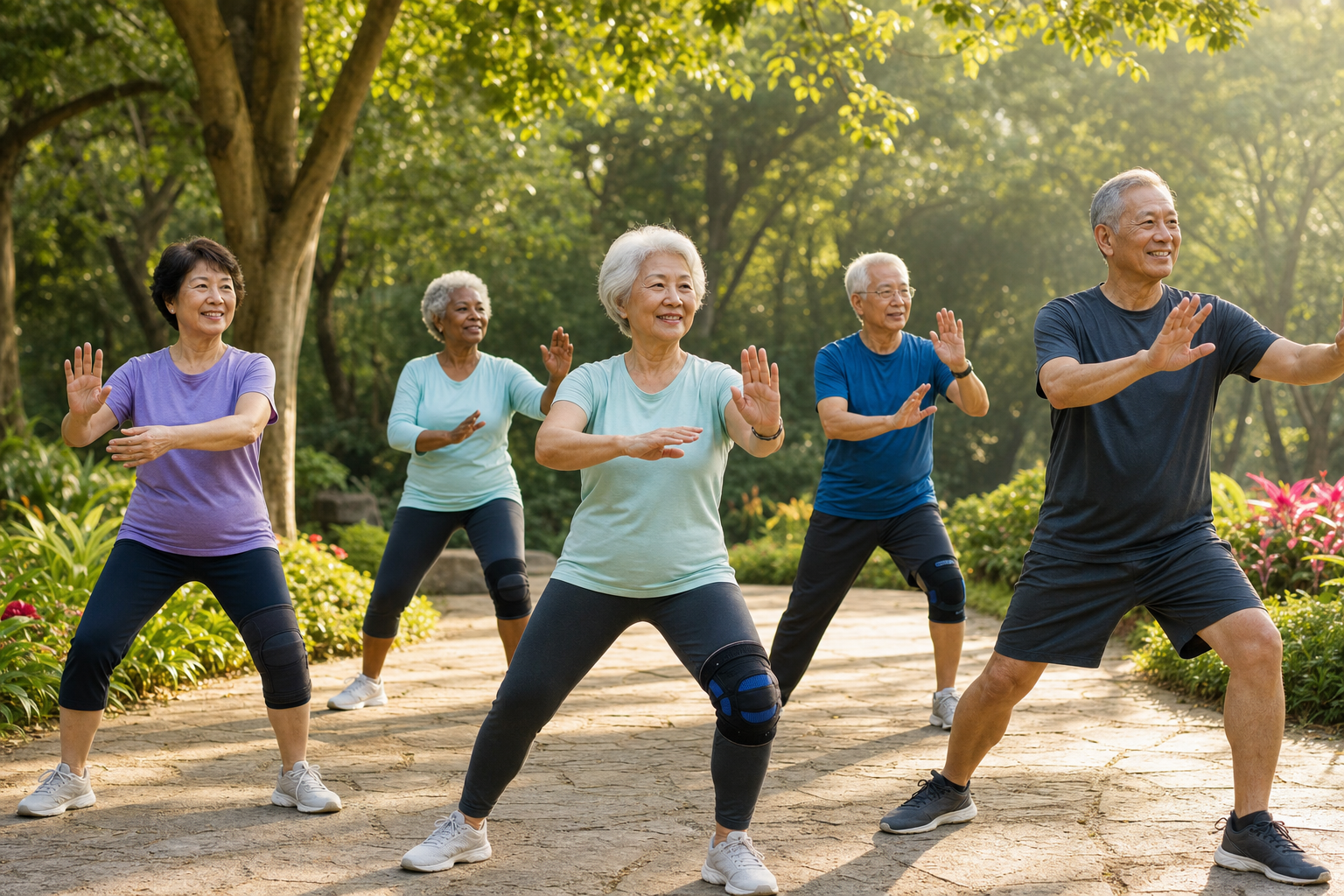 Seniors with knee braces practicing tai chi for balance and arthritis outdoors.
