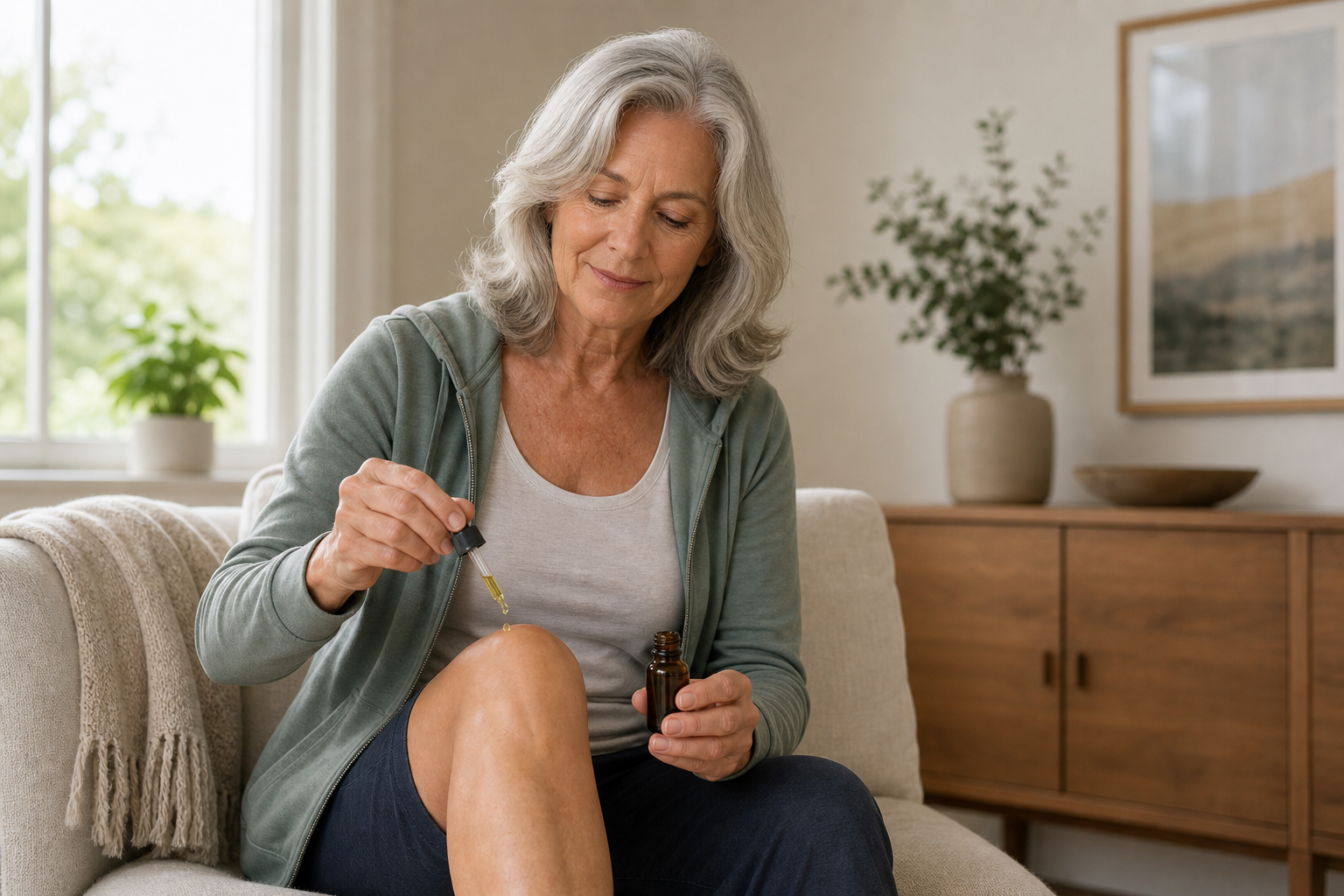 Applying CBD oil to knee for joint pain relief at home
