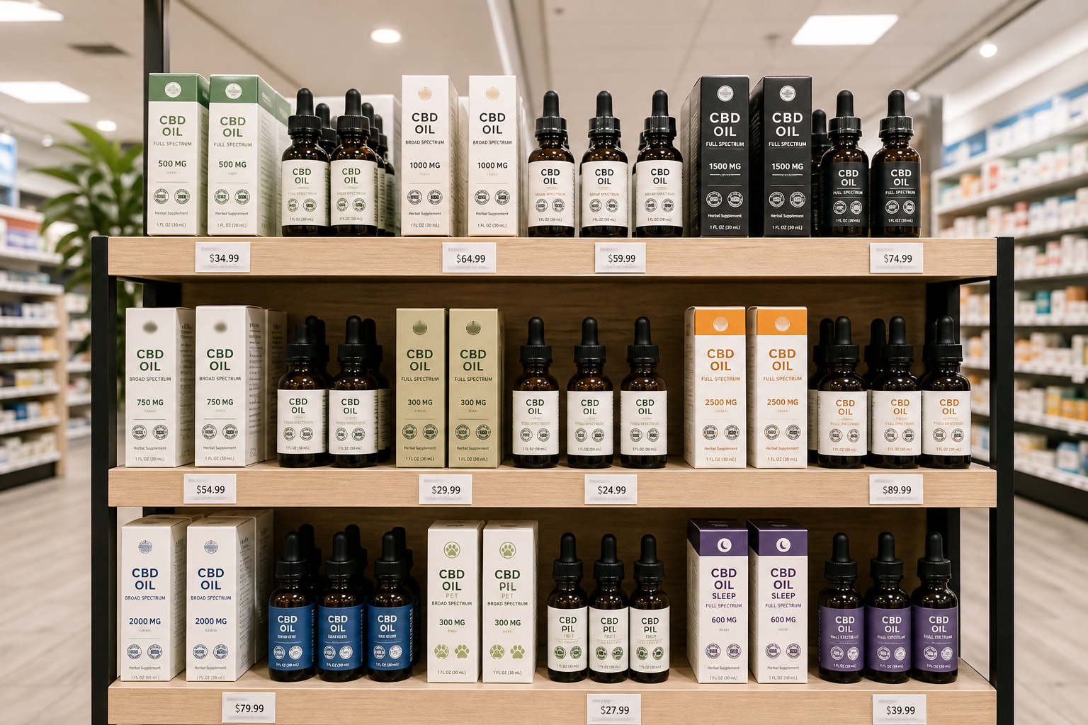 Pharmacy display of CBD oil products for joint pain and inflammation