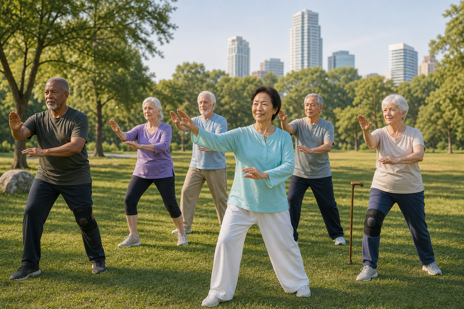 Seniors practicing tai chi outdoors, some with knee braces or canes, in a green sunny park.