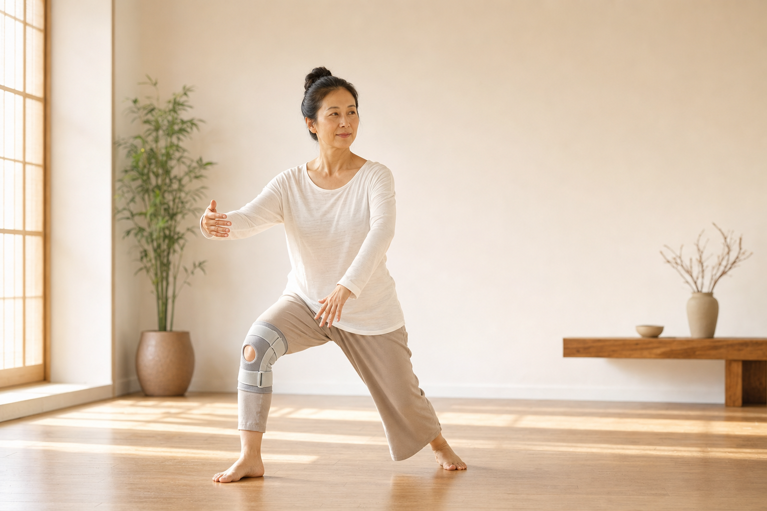 Woman practicing tai chi, close-up of hands and knee with brace in bright studio.