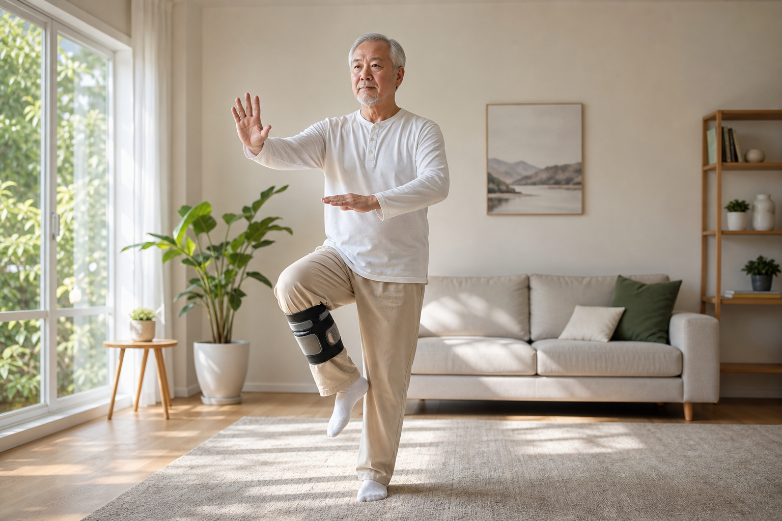 Elderly man doing tai chi balance pose in living room, knee brace showing, sunlight pouring in.