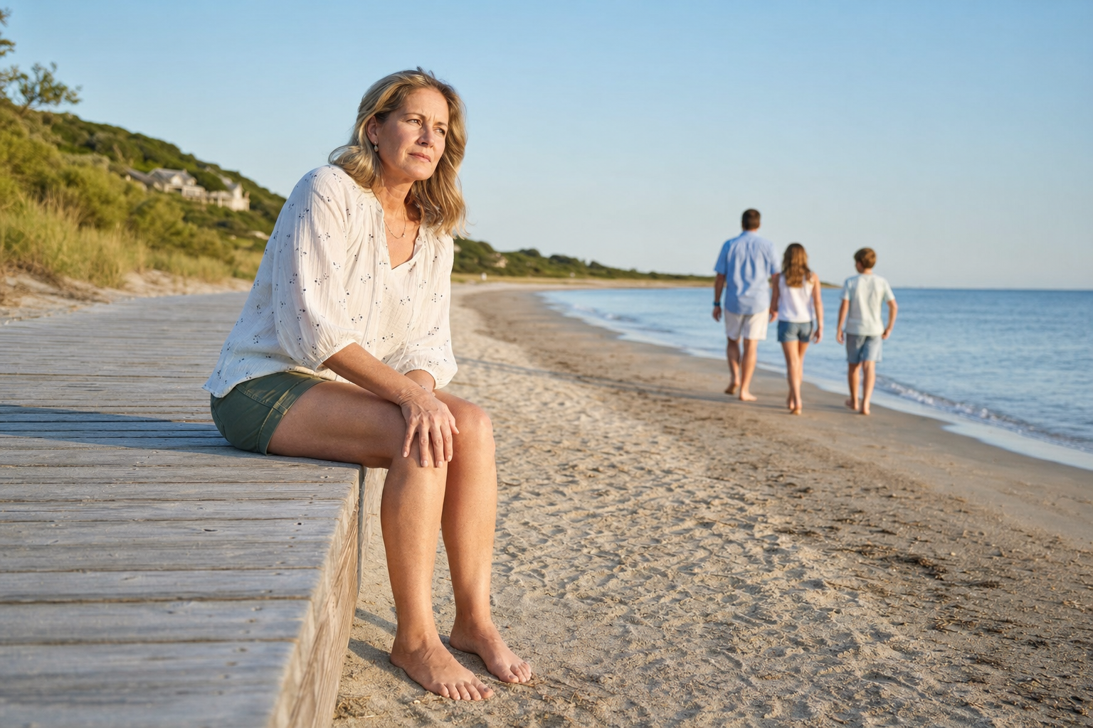 Woman with knee pain sitting on a boardwalk, watching family walk on beach.