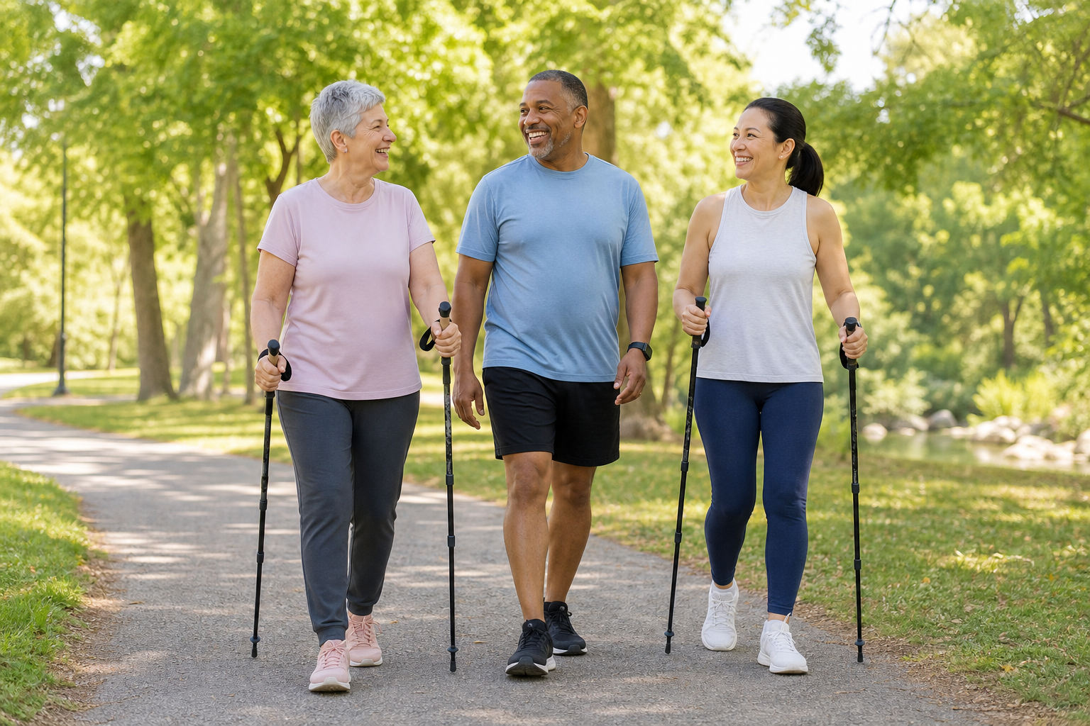 Adults with joint pain walking in a park with walking poles, smiling.