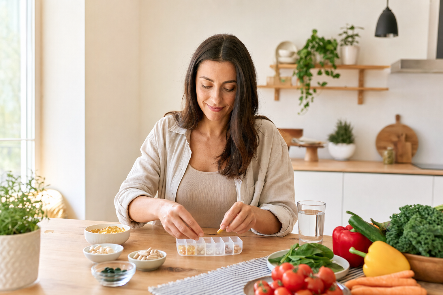 Supplements, vegetables, and vitamins on a kitchen table for joint health