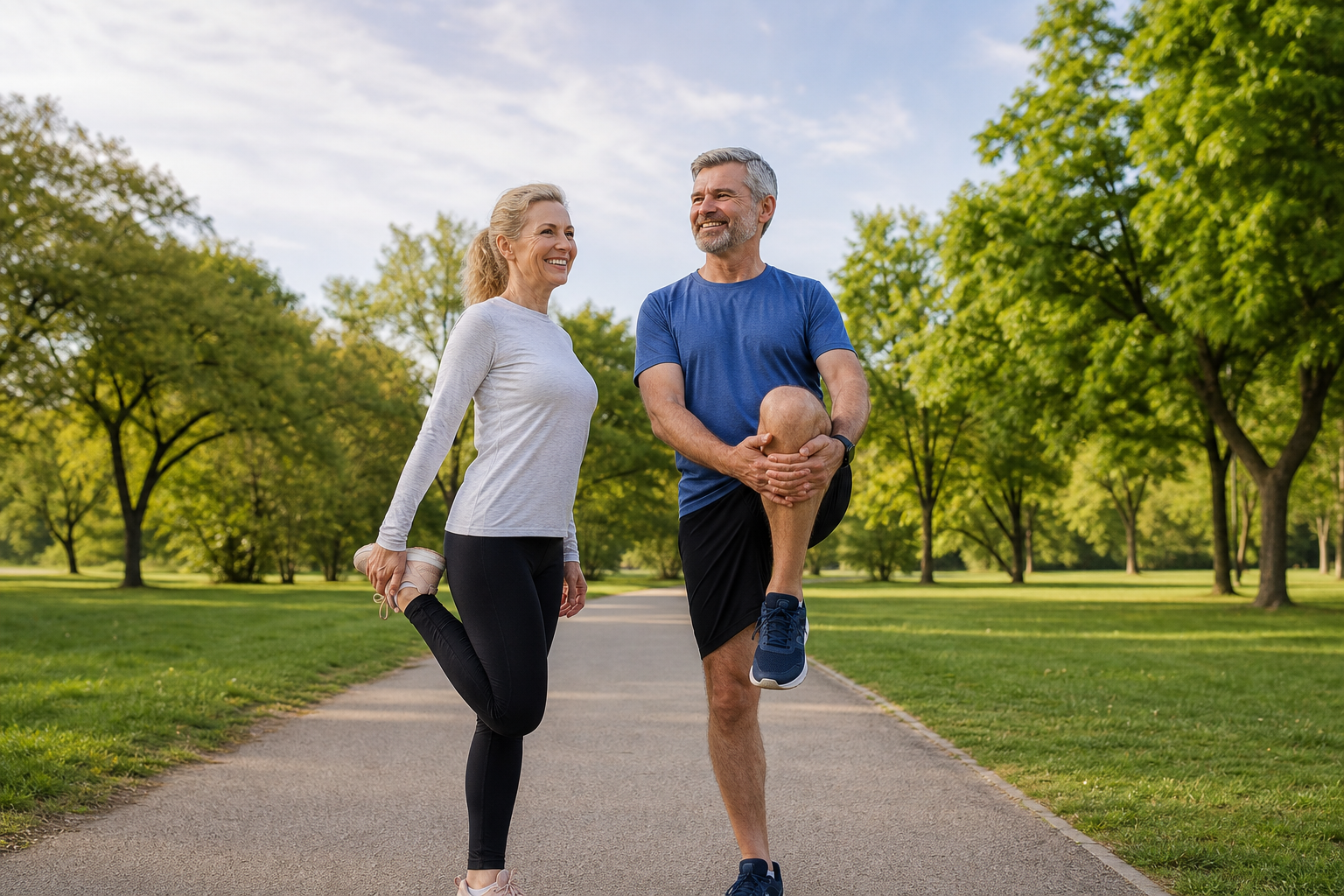 Couple stretching before walk, showing joint comfort and mobility
