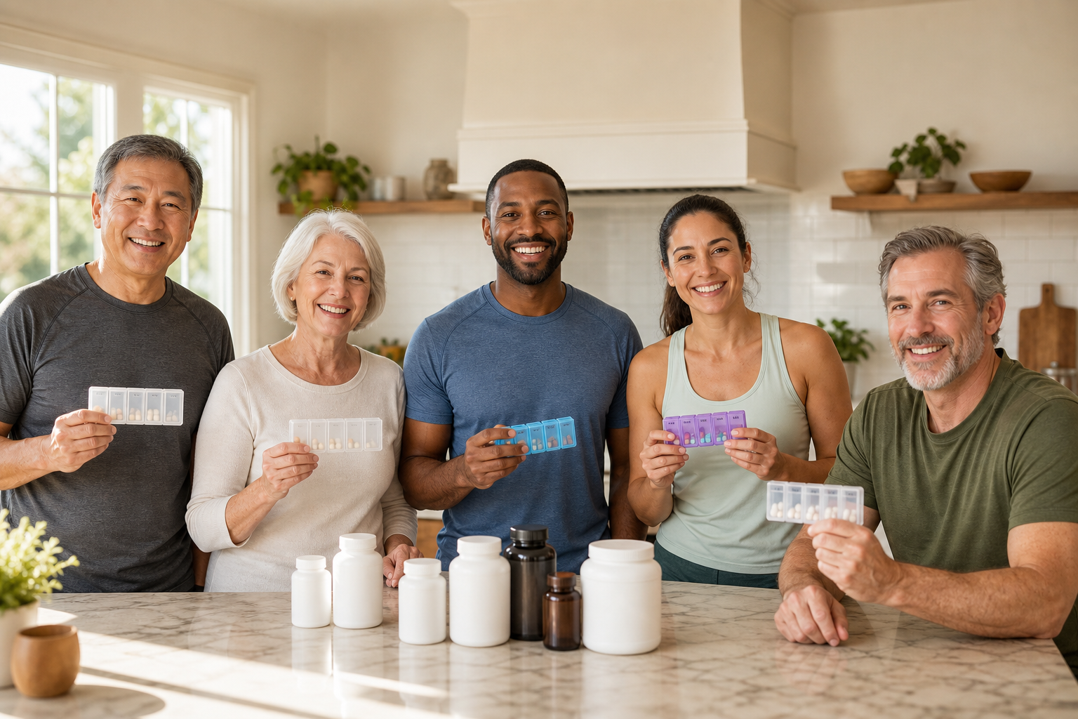 Hands with pill organizers and joint supplements on a kitchen counter
