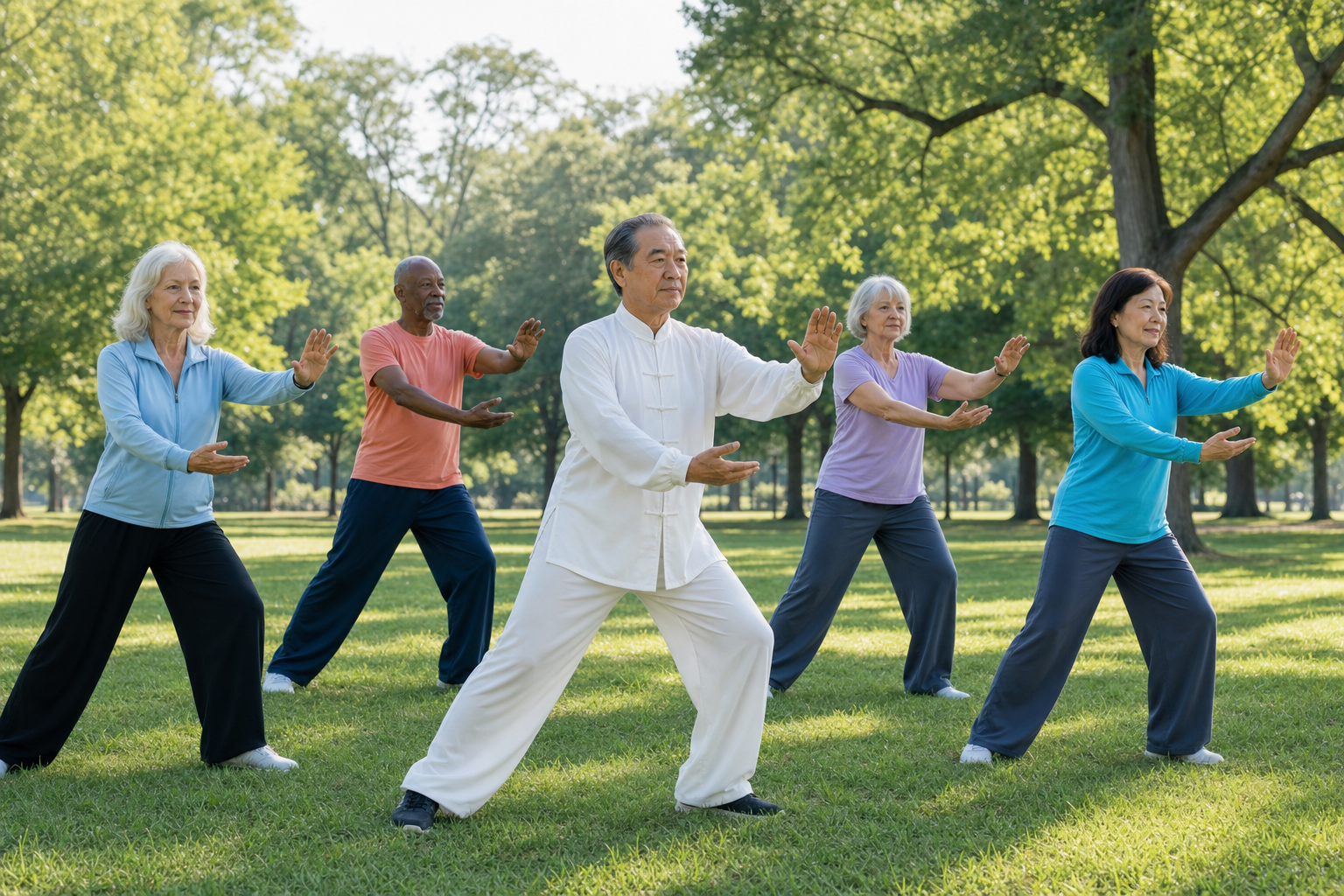 Older adults practicing tai chi together outdoors to improve arthritis and balance